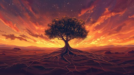 A tree with roots is growing in a desert. The sky is orange and the sun is setting