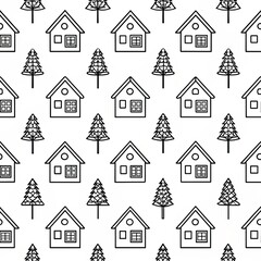 A simple, black line art illustration of houses and trees seamlessly repeated on a white background. The image is perfect for use in a variety of projects, including websites, social media, and print 