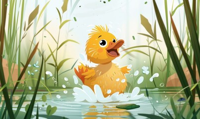 A cartoon duck is splashing in a pond