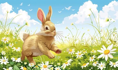 Wall Mural - A rabbit is running through a field of flowers