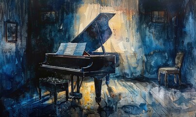 Wall Mural - A painting of a grand piano with a sheet of music on top of it