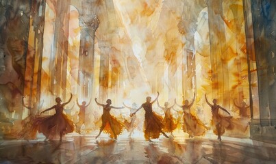 A group of dancers are performing in a large, empty room. Abstract painting of dancing ballerinas