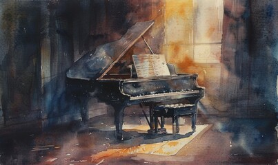 A painting of a grand piano with sheet music on top of it