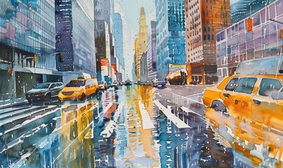 Wall Mural - A painting of a city street with a taxi cab in the foreground