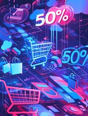 Aufkleber - Abstract background depicting an online sale with digital shopping carts, product icons, and 50% off text. Generative AI