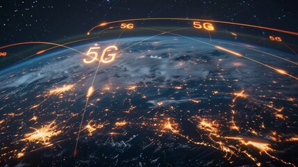 Poster - A photorealistic depiction of 5G communication signals traversing the globe, visualized as a network of glowing lines and nodes against a dark background.