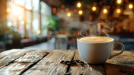 Canvas Print - Steaming Cup of Freshly Brewed Coffee on Rustic Wooden Table in Cozy Caf Setting