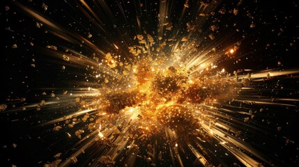 Poster - a gold explosion with glowing particles illuminating the darkness, reminiscent of a supernova, on a clean black background.