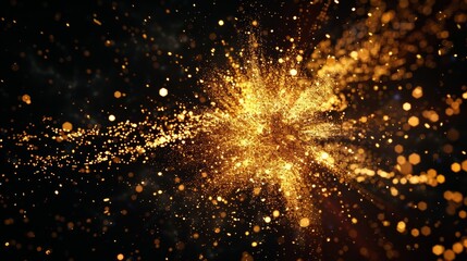 Poster - a gold explosion with glowing particles illuminating the darkness, reminiscent of a supernova, on a clean black background.
