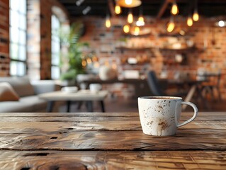 Poster - Cozy Creative Workspace with Coffee Cup on Rustic Wooden Desk