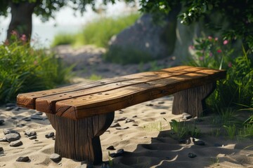 Wall Mural - Bench wooden background. Empty city. Generate Ai