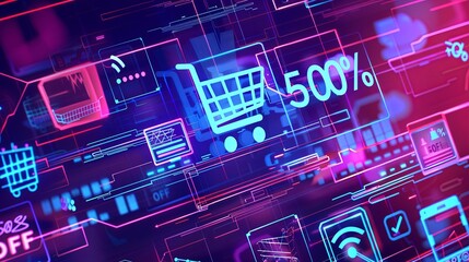 Poster - An abstract digital background with glowing shopping carts, product icons, and the text 500% OFF. The image evokes a futuristic, tech-savvy online sale. Generative AI