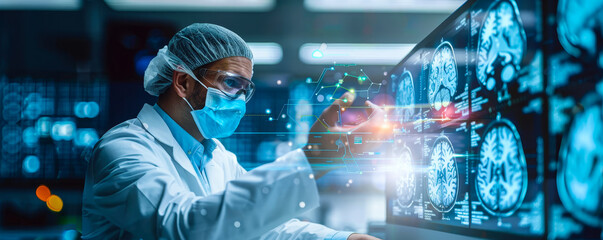 Poster - innovative ai medical technology: doctor analyzing brain testing results with computer, virtual inte