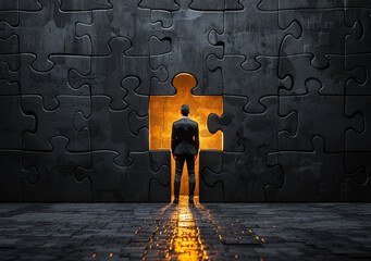 businessman unlocking potential software solution via puzzle keyhole ? turnkey opportunity for succe