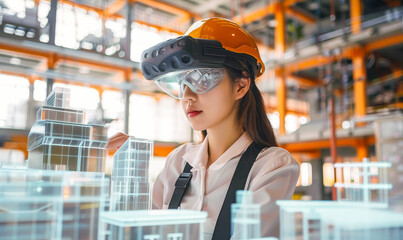 Poster - Architect Using AR Headset to Inspect Virtual Building Model | Construction Software | Digital Hologram | Japanese Woman Engineer