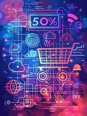 Aufkleber - Abstract background with a shopping cart, digital icons, and a large 50% OFF text. Generative AI