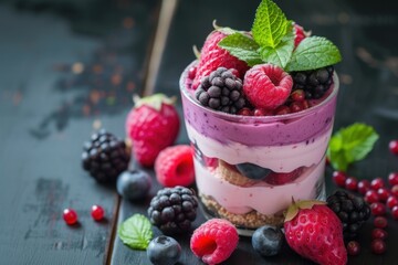 Poster - Refreshing Berries cream dessert. Food fruit. Generate AI