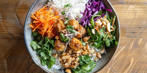 Wall Mural - thai bowl with vegetables and fresh herbs delicious looking from above