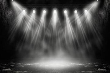 Poster - Spotlights illuminating the stage with beams of light against a dark textured background, concept of a live performance. Generative AI