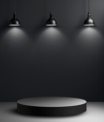 Poster - An empty black pedestal under spotlights, suitable for product display against a dark backdrop, embodying a modern concept. Generative AI