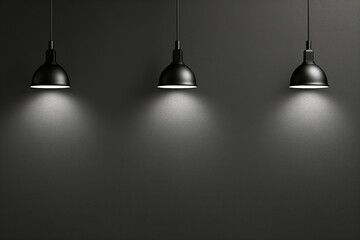 Poster - Three pendant lights illuminating a dark gray wall, minimalistic and modern design concept, with ample space for text. Generative AI