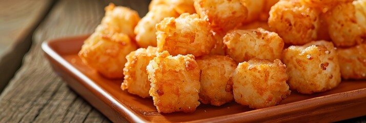 Wall Mural - A tater tots close up, food design, dynamic, dramatic compositions, with copy space.