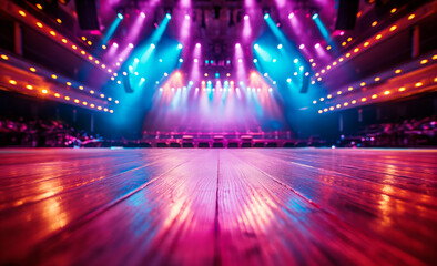 Aufkleber - Empty stage with colorful spotlights on a concert venue background, creative concept of a live performance atmosphere. Generative AI