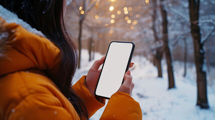 Poster - Person holding smartphone with blank screen, winter background, concept of technology in everyday life. Generative AI