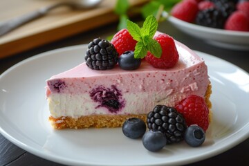 Wall Mural - Indulgent Berry cheesecake. Pastry creamy fruit. Generate Ai