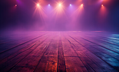 Poster - Empty wooden stage with colorful spotlights, modern design with a dark purple background, concept of performance. Generative AI
