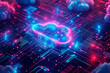 © Who is Danny - Neon glowing cloud symbol on a digital circuit board with clouds, neon pink and blue colors on a dark background, concept of cloud computing. Generative AI