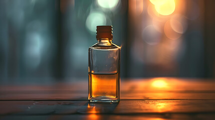 A single bottle of lighter fluid on a wooden background with a blurred backdrop suitable for advertising
