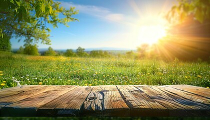 Wall Mural - Spring summer background with green juicy young grass and empty wooden table in beautiful nature outdoor, natural landscape with blue sky and sun, springtime nature scene, summer outdoor backdrop.