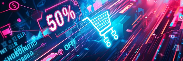Aufkleber - A digital abstract background with a neon shopping cart and 50% off sale text. Generative AI