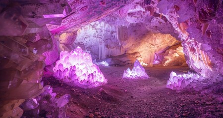 Wall Mural - hues of purple and pink dance across the cave walls a natural light show created by glowing crystals