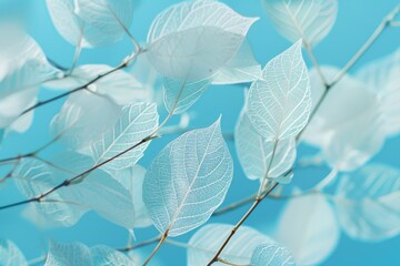 Wall Mural - This clean and elegant image features white transparent skeleton leaves with beautiful texture over a blue, lilac and pink abstract background blurred close-up macro. The image has a romantic and