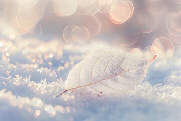 Wall Mural - Snowy white transparent skeleton leaf on snow in winter. Beautiful texture, sparkling round catches the bokeh blue pink. Artistic Christmas and New Year macro image, Christmas.