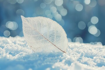 Wall Mural - Transparent skeleton leaf on snow covered with falling snow flakes, surrounded by a soft blurred blue background. A romantic artistic image for Christmas and New Year, close-up macro.