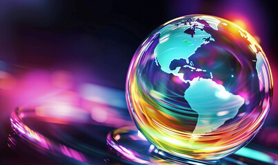 Wall Mural - A vibrant, glowing glass globe showcasing the Americas, symbolizing global connectivity and technology in a futuristic, colorful design