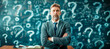 © Who is Danny - A pensive man with crossed arms in front of a chalkboard covered in question marks, concept of contemplation. Generative AI