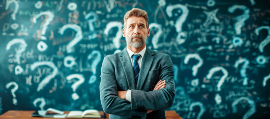 Poster - A pensive man with crossed arms in front of a chalkboard covered in question marks, concept of contemplation. Generative AI