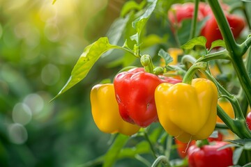 Agricultural - sweet peppers growing in a greenhouse close-up. Red and yellow juicy peppers on the branches.