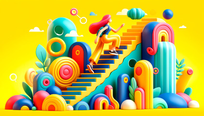 Aufkleber - A stylized image of a person ascending stairs amid colorful shapes on a yellow background, conveying a creative concept. Generative AI