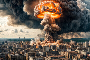 Wall Mural - Nuclear explosion of an atomic bomb with fire mushroom cloud at in town's skyline, an apocalyptic war. Nuclear explosion in Earth. Global apocalyptic concept. Gen ai illustration. Copy ad text space