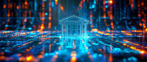 Poster - Digital illustration of a classical building on a glowing circuit board, with a bokeh light effect in the background, concept of technology and architecture. Generative AI