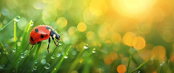 In a nature macro, a young, juicy grass is submerged in droplets of morning dew, with a ladybug. Voices are in the background as well.