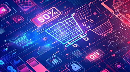 Aufkleber - An abstract background showing a shopping cart with a 50% off sign in a futuristic digital setting. Generative AI