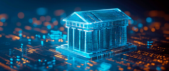 Poster - Digital wireframe house on a circuit board, with a blue and orange glow, symbolizing smart home technology. Generative AI