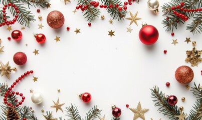 Wall Mural - An isolated Christmas border with gold stars, red berries, and fir cones. Fir green branches are decorated with gold stars, fir cones, and red berries.