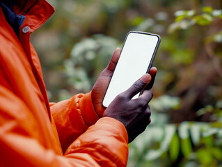 Wall Mural - Close-up of a person holding a smartphone with a blank display, outdoors with a natural green background, concept of technology. Generative AI